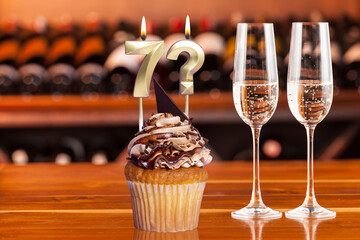 Cupcake With Numbers And Glasses With Wine For Birthday Or Anniversary