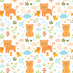 Cute cartoon tiger pattern, tiger cub with brown stripes on white background.