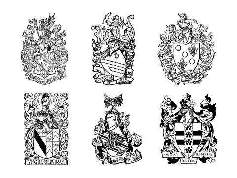 Vector heraldic set of coat of arms with knight helmets in vintage engraved style 