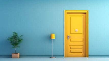 yellow door on a blue background abstract interior.