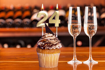Cupcake With Numbers And Glasses With Wine For Birthday Or Anniversary