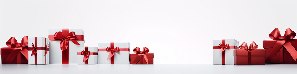 a long frame of white gift boxes tied with red ribbons isolated against the background of a discount sale. - obrazy, fototapety, plakaty