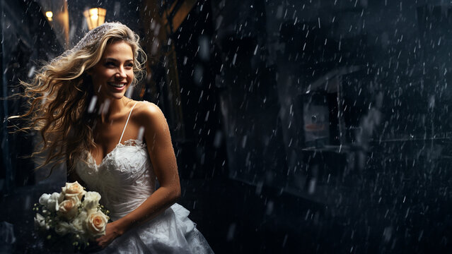 Wunderschöne Braut im weissen Brautkleid im dunklen Stadt Licht lacht herzhaft Nahaufnahme, ai generativ