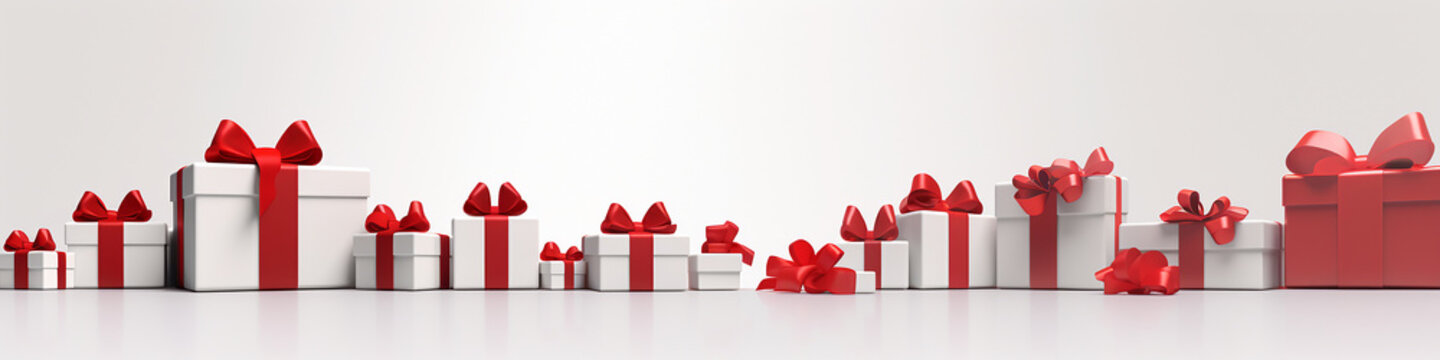 a long frame of white gift boxes tied with red ribbons isolated against the background of a discount sale.