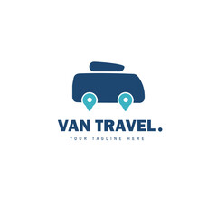 Travel logo design, with elements of a van, location icon, the blue color on the logo symbolizes freedom and trust, suitable for travel agency brand logos etc.