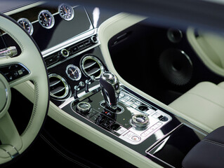 Luxury car black and white interior. Steering wheel, shift lever and dashboard