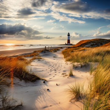 Picturesque beach scene on the island of Sylt, Germany, capturing the pristine white sand, rolling waves of the North Sea, and a majestic lighthouse