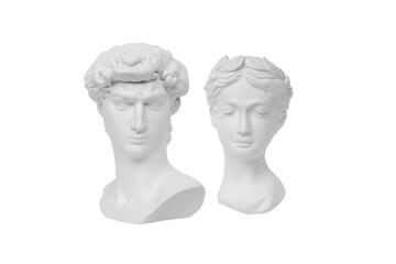 Two antique statue's heads isolated on a white background. Man and woman. Modern design....