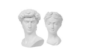 Two antique statue's heads isolated on a white background. Man and woman. Modern design. Contemporary art. David and Aphrodite