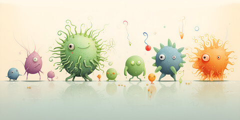 Illustration of infectious cartoon germs,viruses and covid monsters on White Back ground