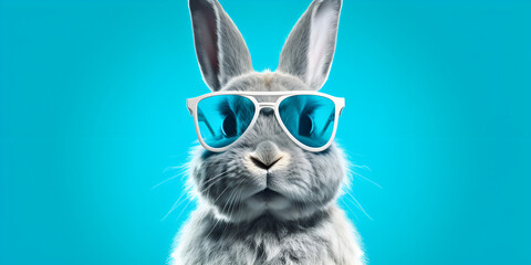 a rabbit wearing sunglasses and a hat with a blue background and a blue background is the image of a rabbit wearing sunglasses and a hat with a blue background is also a blue background