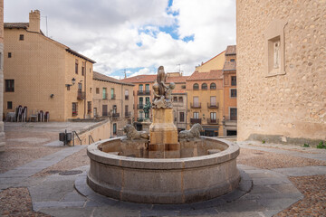 Fototapeta na wymiar Lions Fountain (Fuente de Los Leones) at Plazuela de San Martin Square - Segovia, Spain