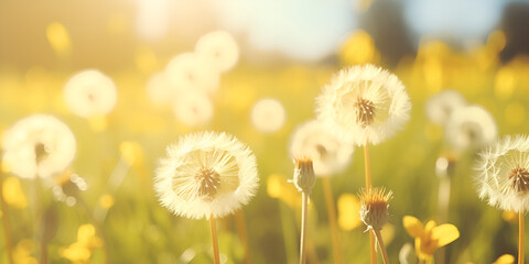 Dandelion on the meadow at sunlight background in springtime. Dandelions in meadow during sunset. Meadow with dandelions and warm sunlight