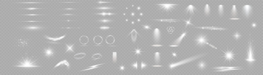 Light effect set. Glow isolated white transparent light effect set, lens flare, explosion, glitter, dust, line, sun flash, spark and stars, spotlight, curve twirl. Sunlight, abstract special effect. - obrazy, fototapety, plakaty