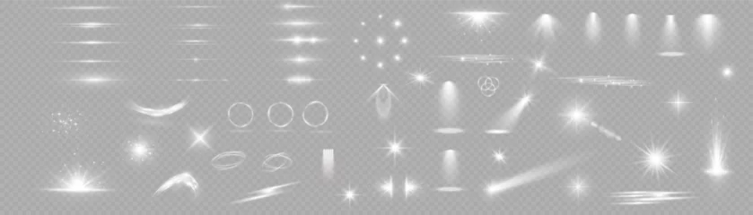 Foto op Plexiglas Light effect set. Glow isolated white transparent light effect set, lens flare, explosion, glitter, dust, line, sun flash, spark and stars, spotlight, curve twirl. Sunlight, abstract special effect. © roman11998866
