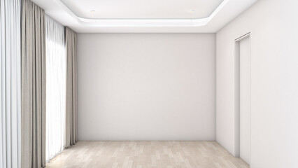 Fototapeta premium An empty living room with wooden floors and curtains in natural light is perfect for any interior design or home decor inspiration. Design makes your space feel calm and inviting. 3D render