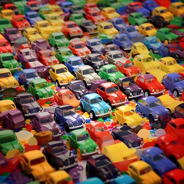 colorful plastic toy cars in the market