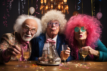 Funny seniors having party on special event. Elderly people celebrating life concept. Generative AI