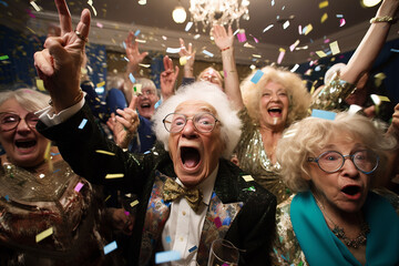 Funny seniors having party on special event. Elderly people celebrating life concept. Generative AI - obrazy, fototapety, plakaty