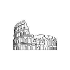 Hand drawn lines of the Colosseum on a white background. Italy, Rome. Famous landmark. Symbol of tourism. Stock vector illustration.