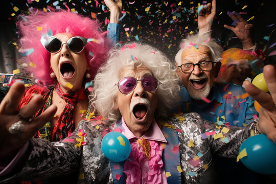 Funny seniors having party on special event. Elderly people celebrating life concept.