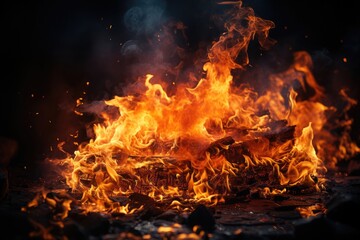 Fototapeta na wymiar Flames engulfing a fire against a black backdrop, close-up. (Generative AI)