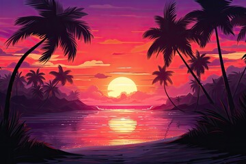 A tropical beach with palm trees is sun setting. (Generative AI)