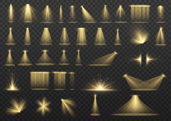 Set of spotlights isolated on transparent background. Vector glowing light effect with golden beams and beams. The light of the star shines from the sun in yellow. - obrazy, fototapety, plakaty