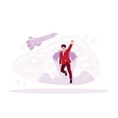 A businessman flies on a jetpack. successful partnership or start up concept, businessman driving rocket, leader pointer direction. Trend Modern vector flat illustration