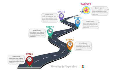 Road with colorful pins timeline infographic with text frames. Vector Infographic.