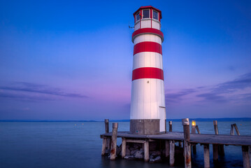 Lighthouse of Podersdorf on the Neusiedler See in Austria at dawn 