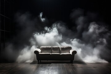 Smoke Rising from Couch in Dark Room with White Light. AI - obrazy, fototapety, plakaty