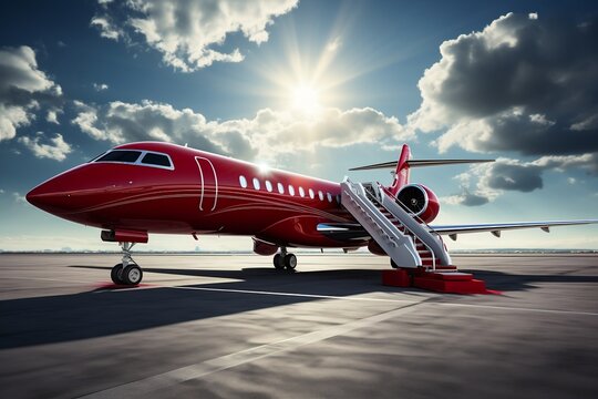 Luxurious Red Carpet on Stairs to Private Jet. Generative AI