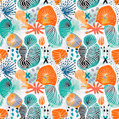  Seamless blue red underwater shell clam repeat background. Tropical modern seashell coastal pattern clash fabric coral reef print for summer beach textile designs with a linen cotton effect.