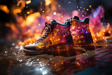 Closeup of shoes, staying in neon puddles, rain and fire in the city. Generative AI