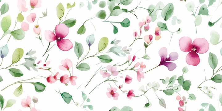 Delicate floral watercolor pattern, watercolor flowers and green leaves, Cute flowers print. Modern pattern. Fashionable template for design. Pink flower pattern, with white backgrounds, pastel colors
