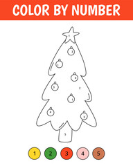 Color by number game for kids. Cute christmas tree. Christmas coloring page. Printable worksheet with solution for school and preschool. Learning numbers activity.