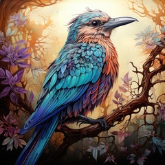 A jungle setting with a colorful bird sitting on a branch. (Generative AI)