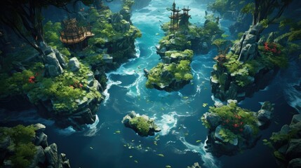 An aerial view of a river and green meadow. (Generative AI)