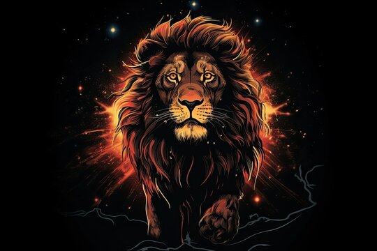 In the dark, a lion is illuminated with a left-sided light. (Generative AI)