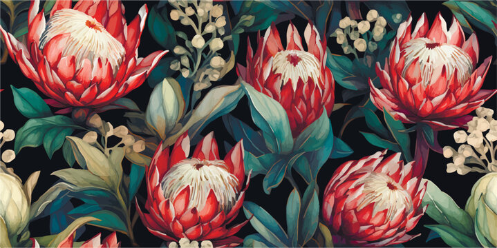 Watercolor seamless pattern with magenta protea, floral background blooming flowers and leaves. Watercolor seamless pattern with protea rose, leaves, branches for greeting wedding card