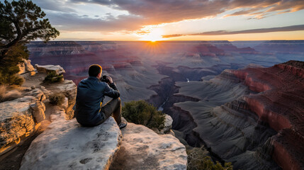 Fototapeta premium Person siting on a rock in a canyon
