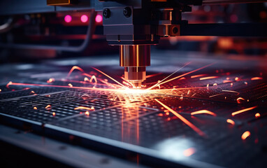 Close-up of a metal laser cutter machine showcasing the beam slicing through a metallic sheet - obrazy, fototapety, plakaty