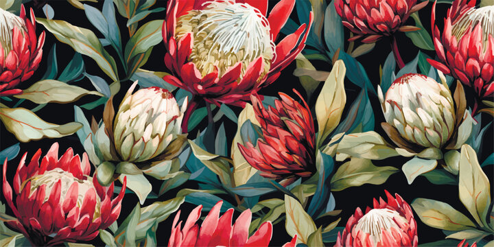 Watercolor seamless pattern with magenta protea, floral background blooming flowers and leaves. Watercolor seamless pattern with protea rose, leaves, branches for greeting wedding card