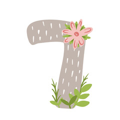 Number seven, baby kids monthly milestone, cute 7 with flowers cartoon illustration.