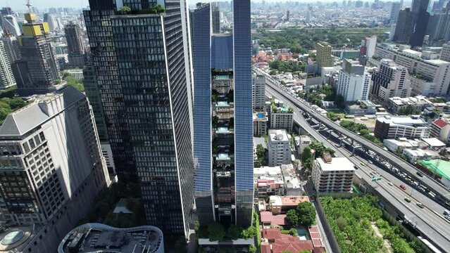Aerial view of Ploenchit road in Bangkok Downtown, financial district and business center, Thailand