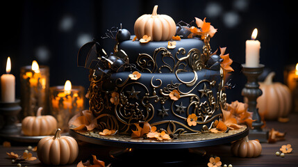 Fototapeta na wymiar Scary Delicious Delight Halloween Dark Chocolate Cake, A Hauntingly Beautiful Dessert for Horrible Occasions, Ai generative