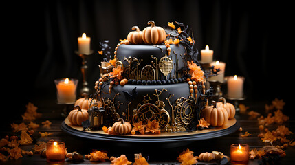 Fototapeta na wymiar Scary Delicious Delight Halloween Dark Chocolate Cake, A Hauntingly Beautiful Dessert for Horrible Occasions, Ai generative