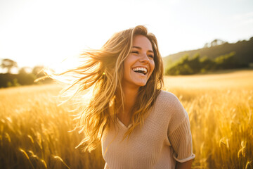 Young happy smiling woman standing in a field with sun shining through her hair - Powered by Adobe