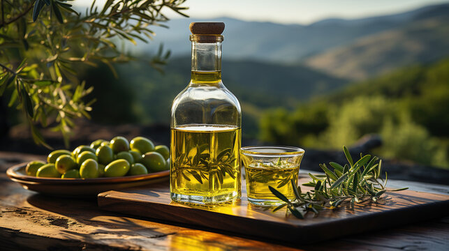 Olivenölflasche auf Holztisch zwischen einem Olivenwald. Lebensmittel, gesund, vegan, vegetarisch, Vitamin, italienisch, mediterranes Konzept. Mockup fpr Produktpräsentation. Generative KI